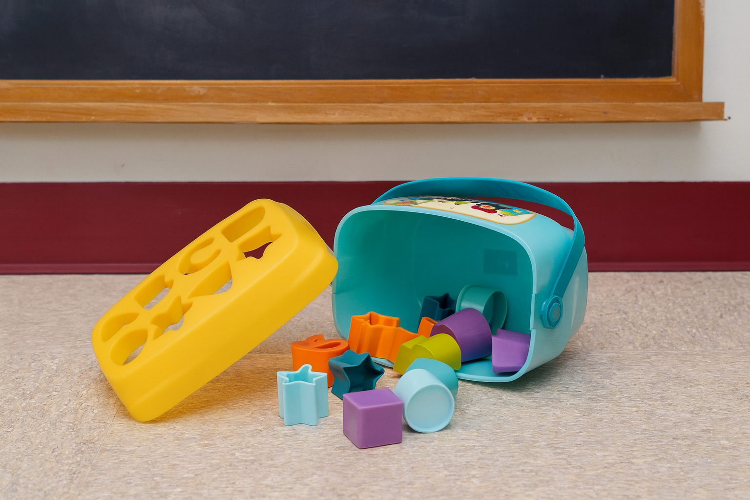 Colorful toy blocks spilling out of a blue container on a beige floor with a blackboard in the background.